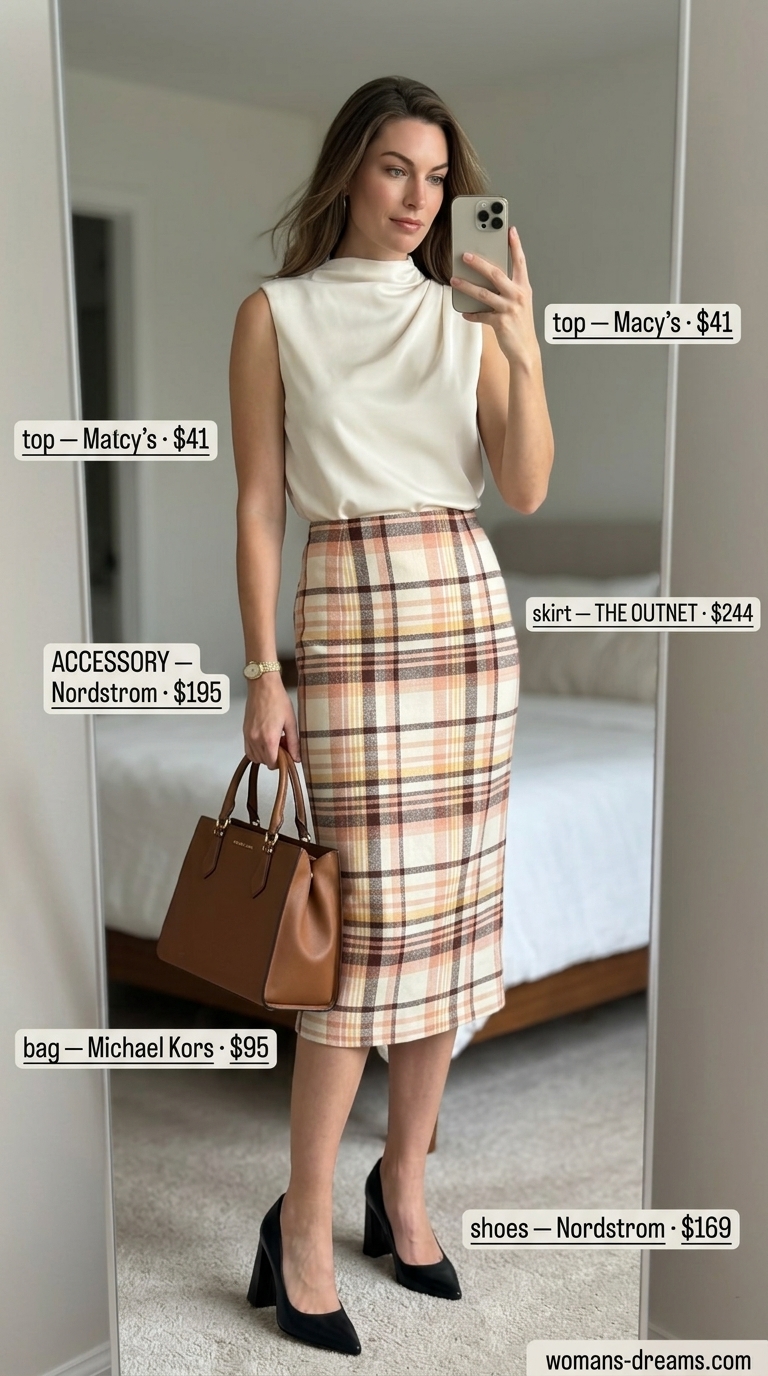 Summer office outfit with beige check maxi skirt, cream blouse, and black heels for 2026.