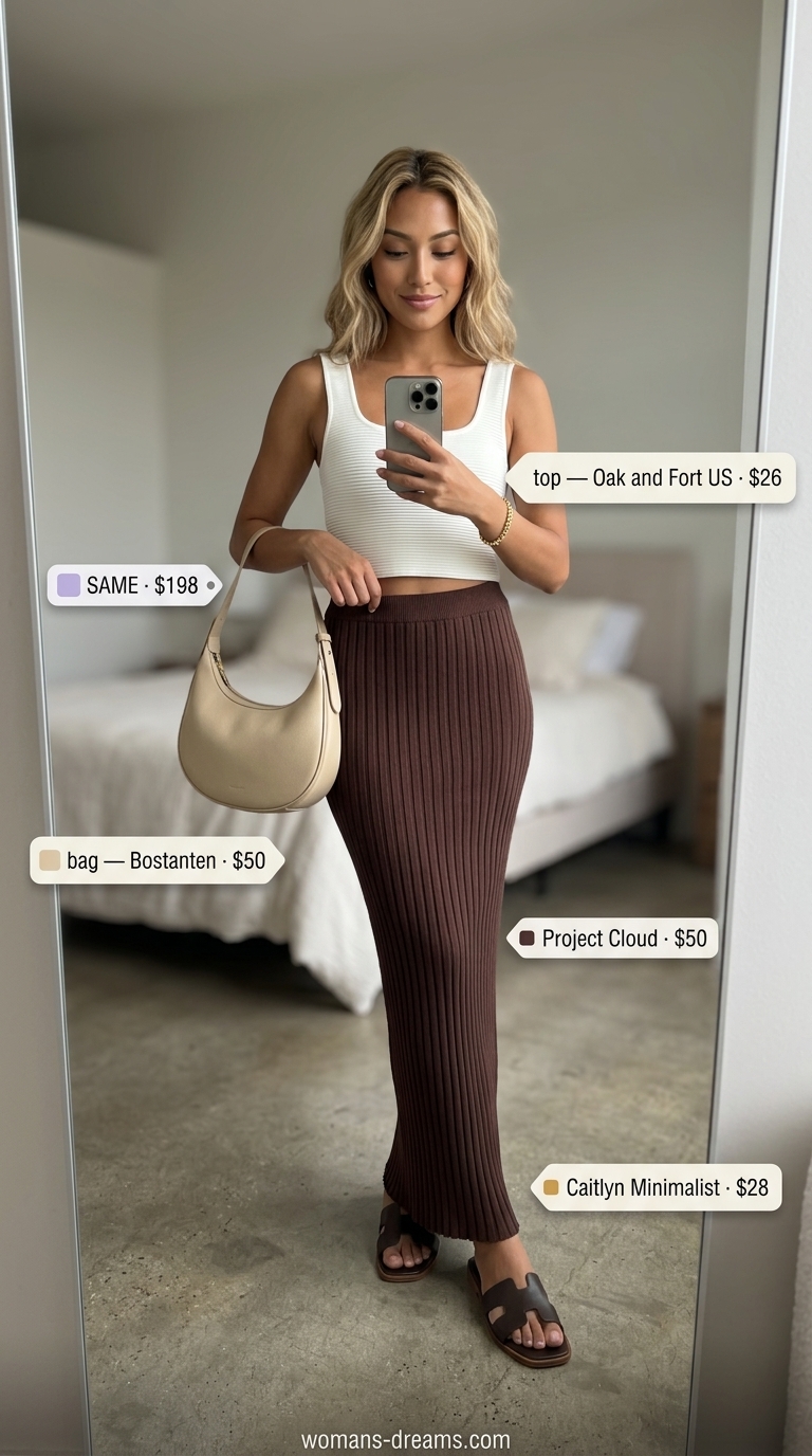 Mocha brown knit maxi skirt outfit for summer 2026 elevated brunch, with ivory tank and leather slides.
