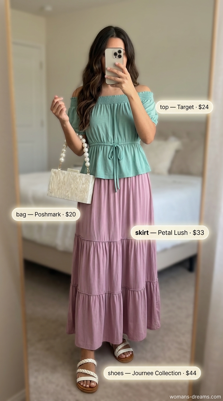 Lavender garden party outfit with tiered maxi skirt, mint off-shoulder top, and pearl earrings for 2026.
