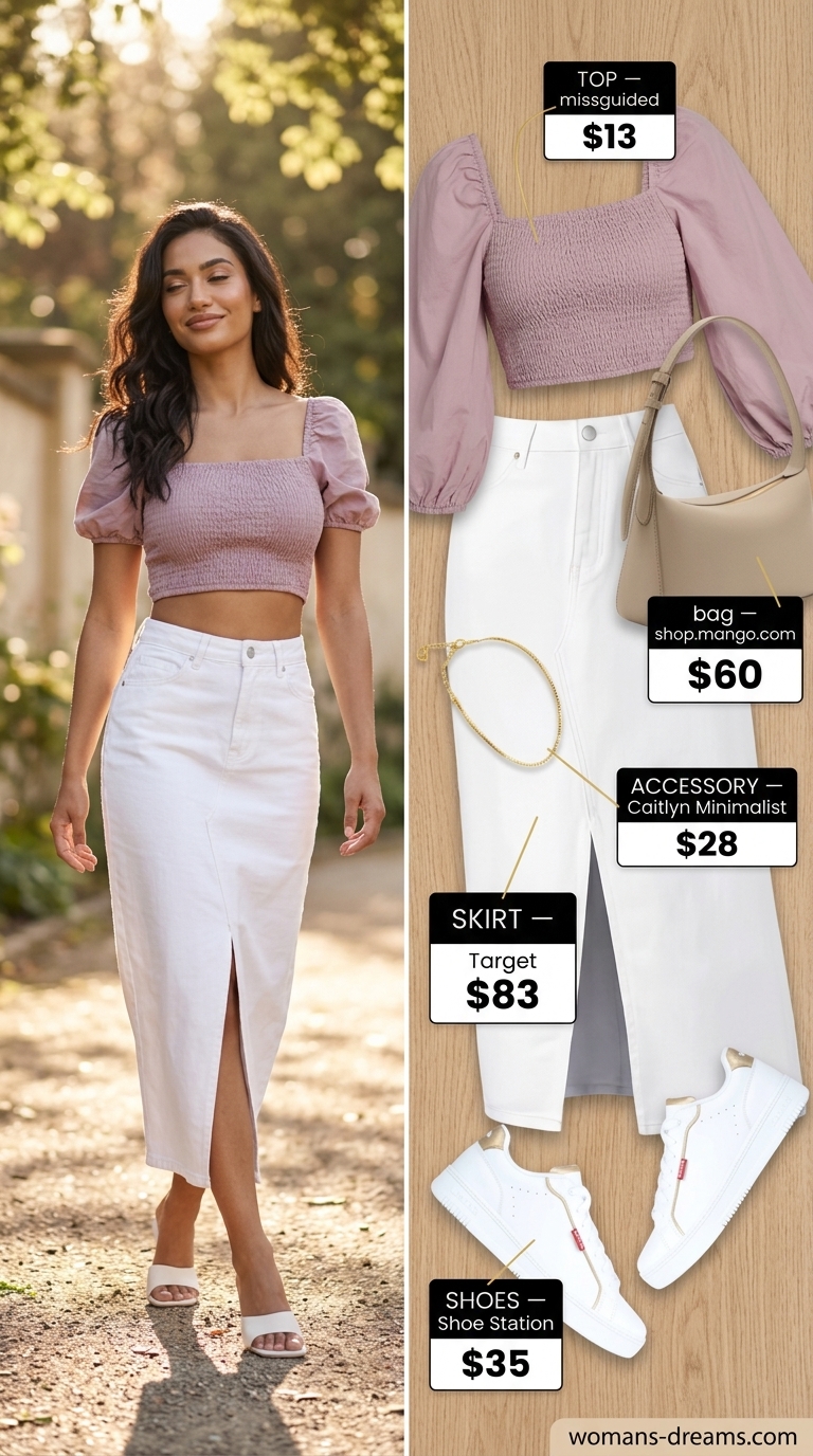 White denim maxi skirt outfit for summer 2026 brunch, with blush pink top and white sneakers.