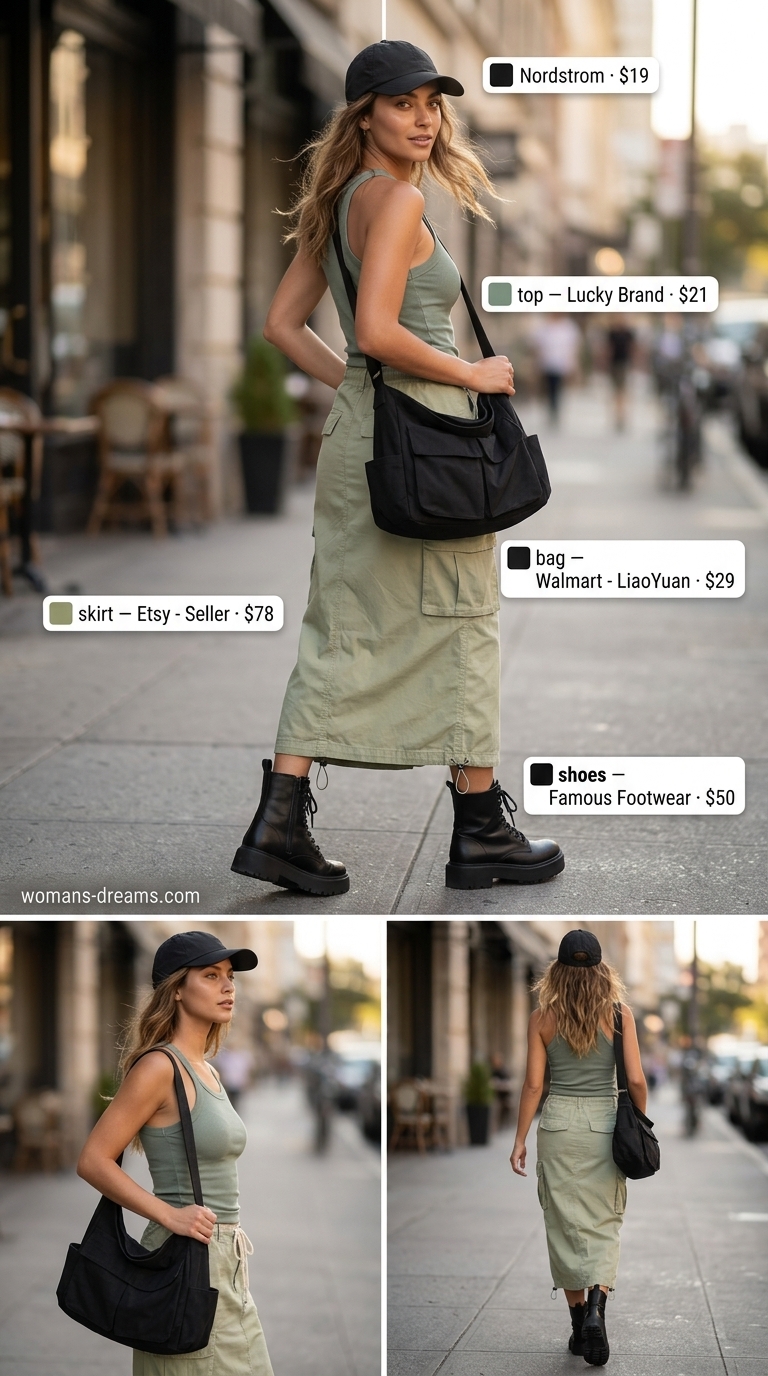 Maxi skirt outfits summer 2026: Khaki cargo maxi skirt, olive tank, black boots for city exploration.
