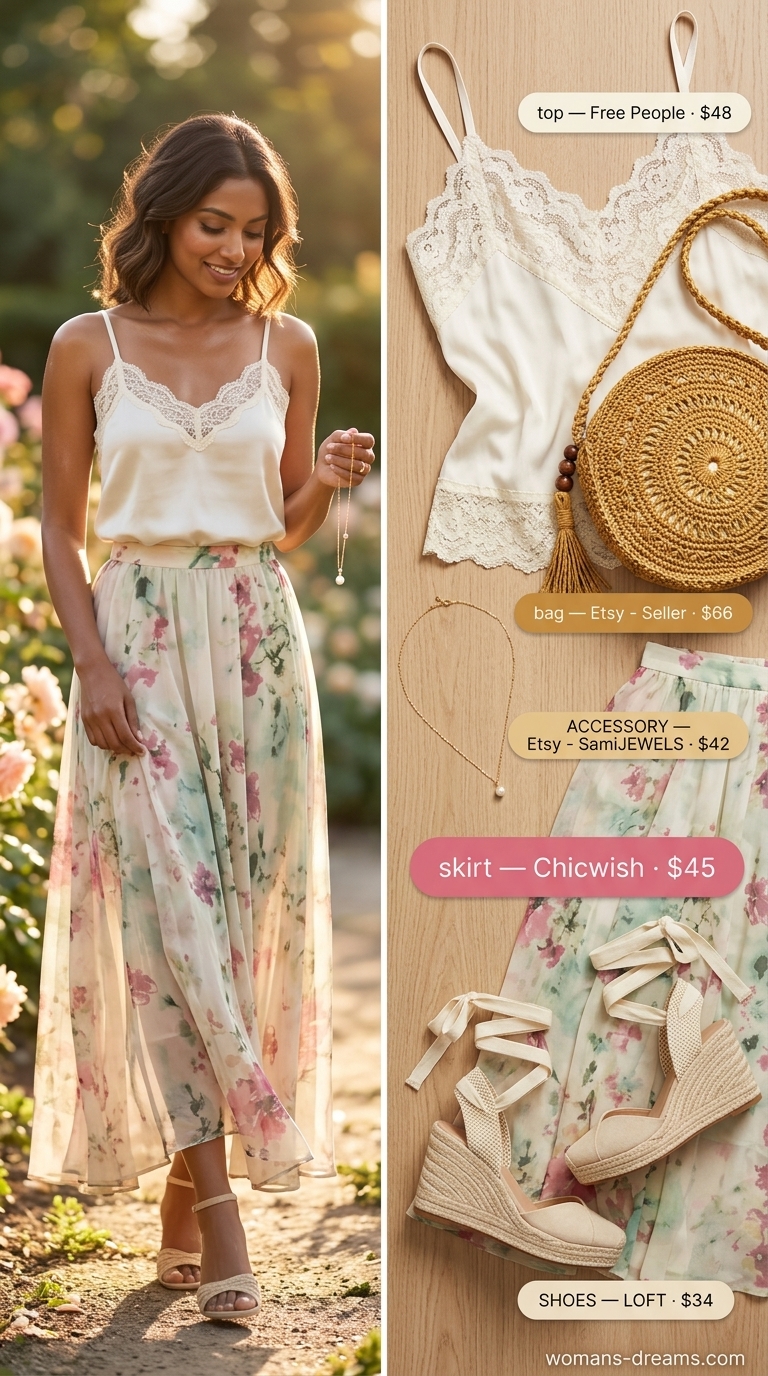 Garden Party outfit with pink floral maxi skirt, cream camisole, and raffia bag for summer 2026.