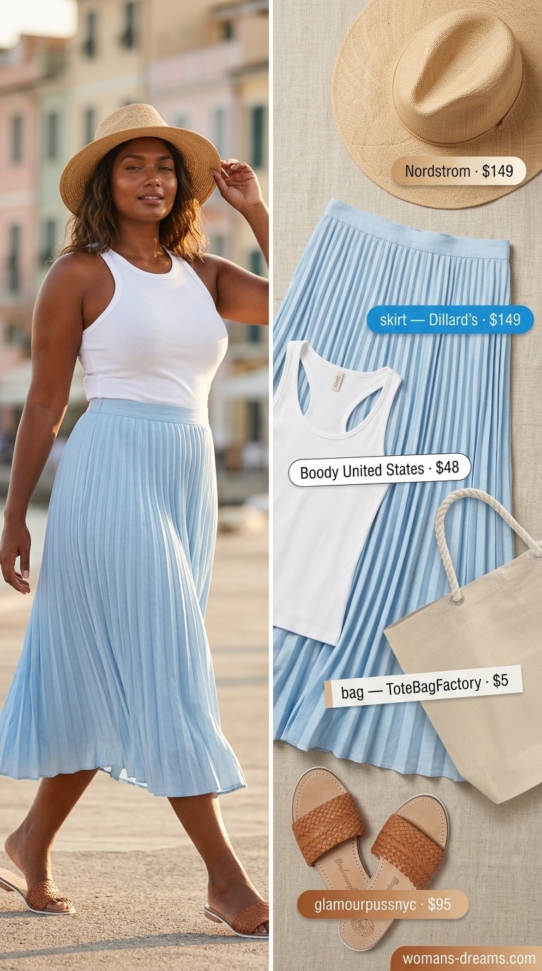 Maxi skirt outfits summer 2026: Sky blue linen skirt, white tank, straw hat for seaside serenity.