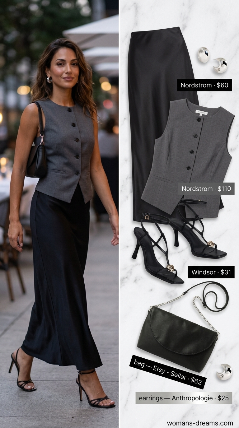 Maxi skirt outfits summer 2026: Black slip skirt, charcoal vest, silver hoops for urban chic.