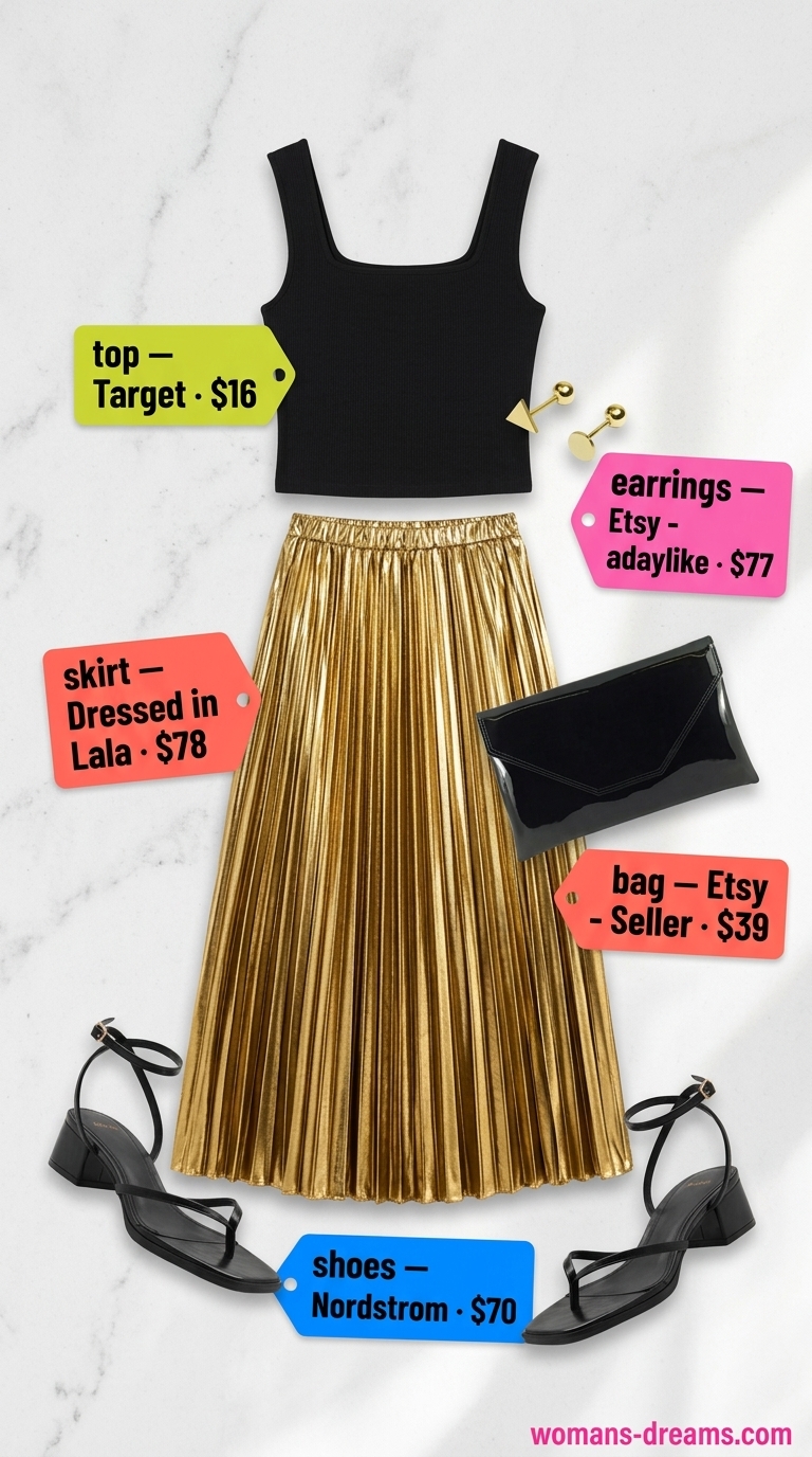 Glamorous poolside outfit with gold metallic maxi skirt, black crop top, and heels for 2026.