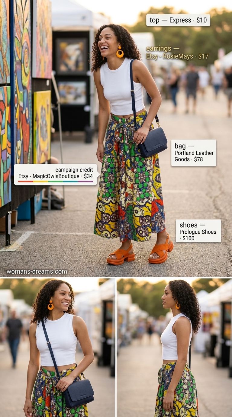 Bold abstract print maxi skirt outfit for summer 2026 art fair, with white tank and orange platform sandals.