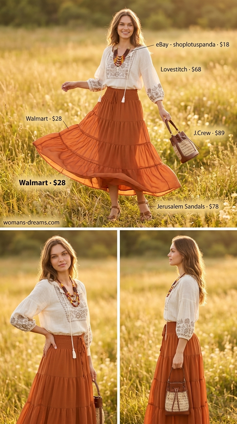 Rust gauze maxi skirt outfit for summer 2026 picnic, with off-shoulder blouse and straw bag.