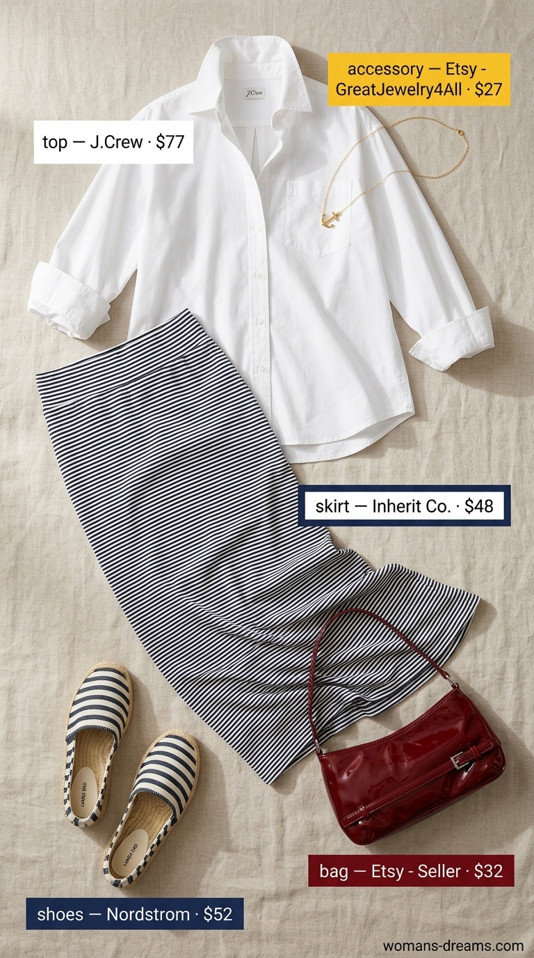 Nautical maxi skirt outfit with navy stripe skirt, white button-down, and red bag for summer 2026.