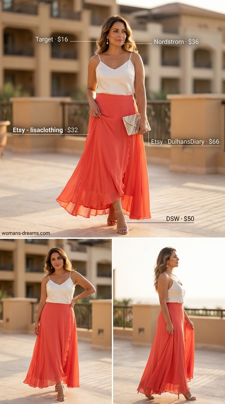 Resort evening outfit with coral pleated maxi skirt, ivory camisole, and gold earrings for 2026.