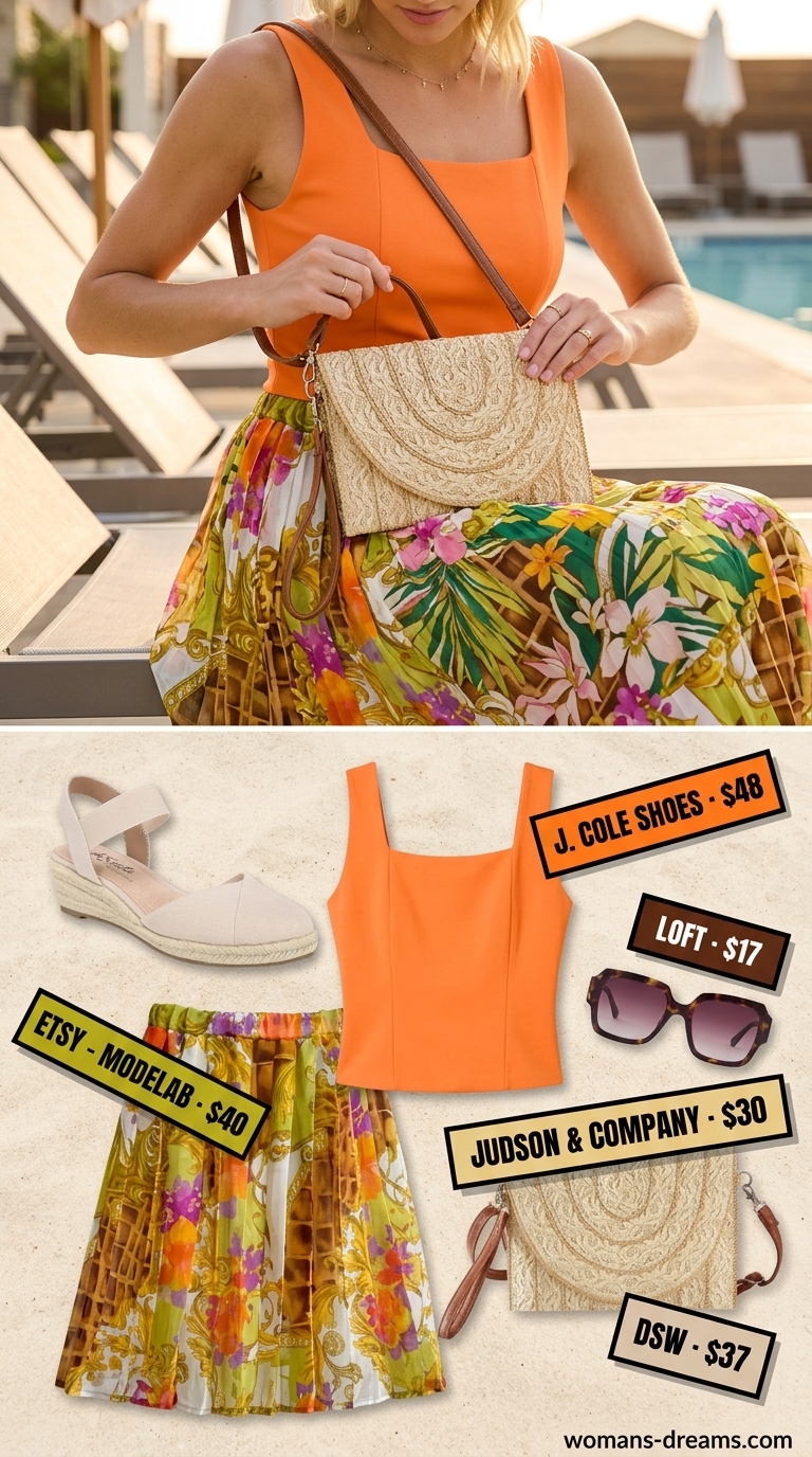 Trendy Miami summer outfits for women 2026: Tropical print skirt, orange tank, espadrilles for brunch.