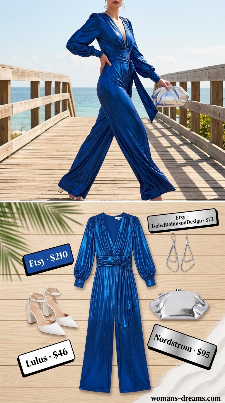 Cobalt blue jumpsuit for trendy Miami summer outfits for women 2026, perfect for evening events.