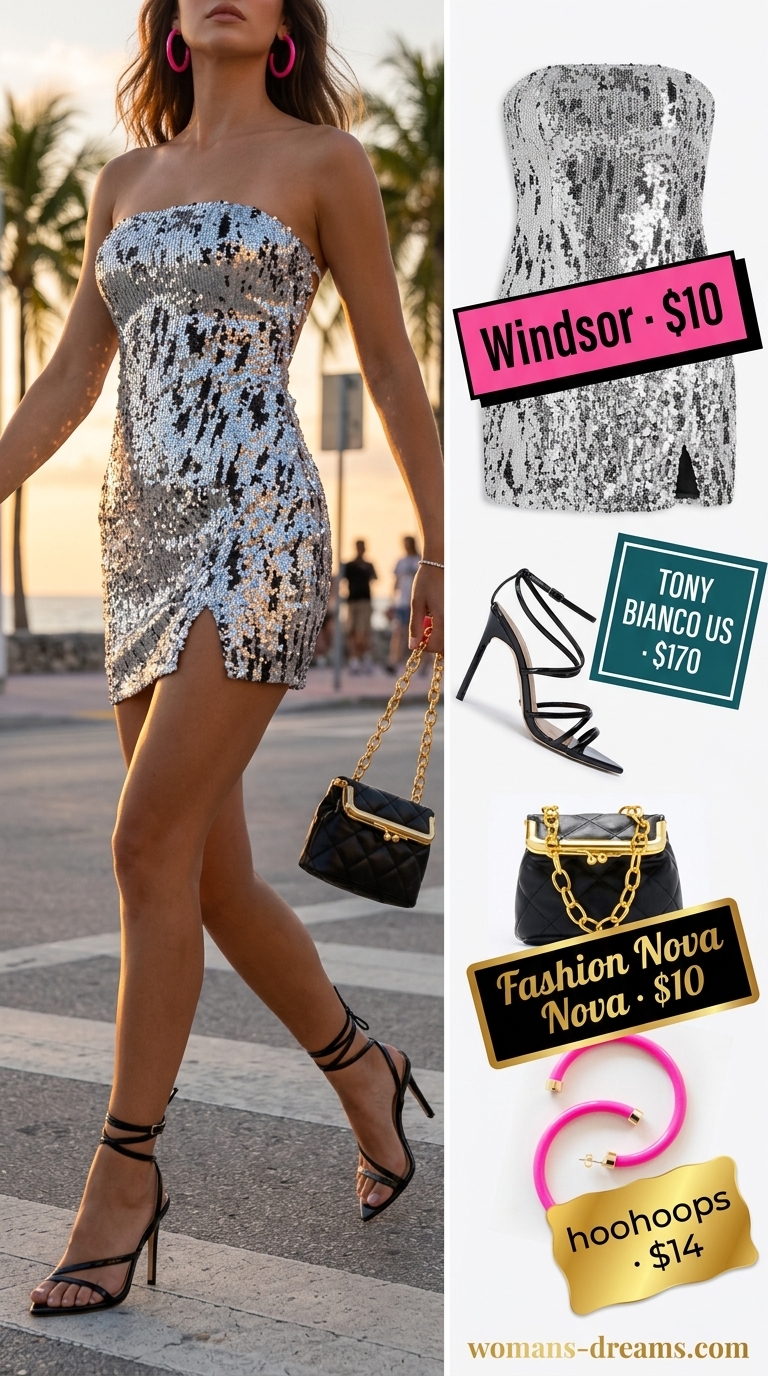 Trendy Miami summer outfits for women 2026: Silver sequin mini dress, black heels for a glamorous night out.