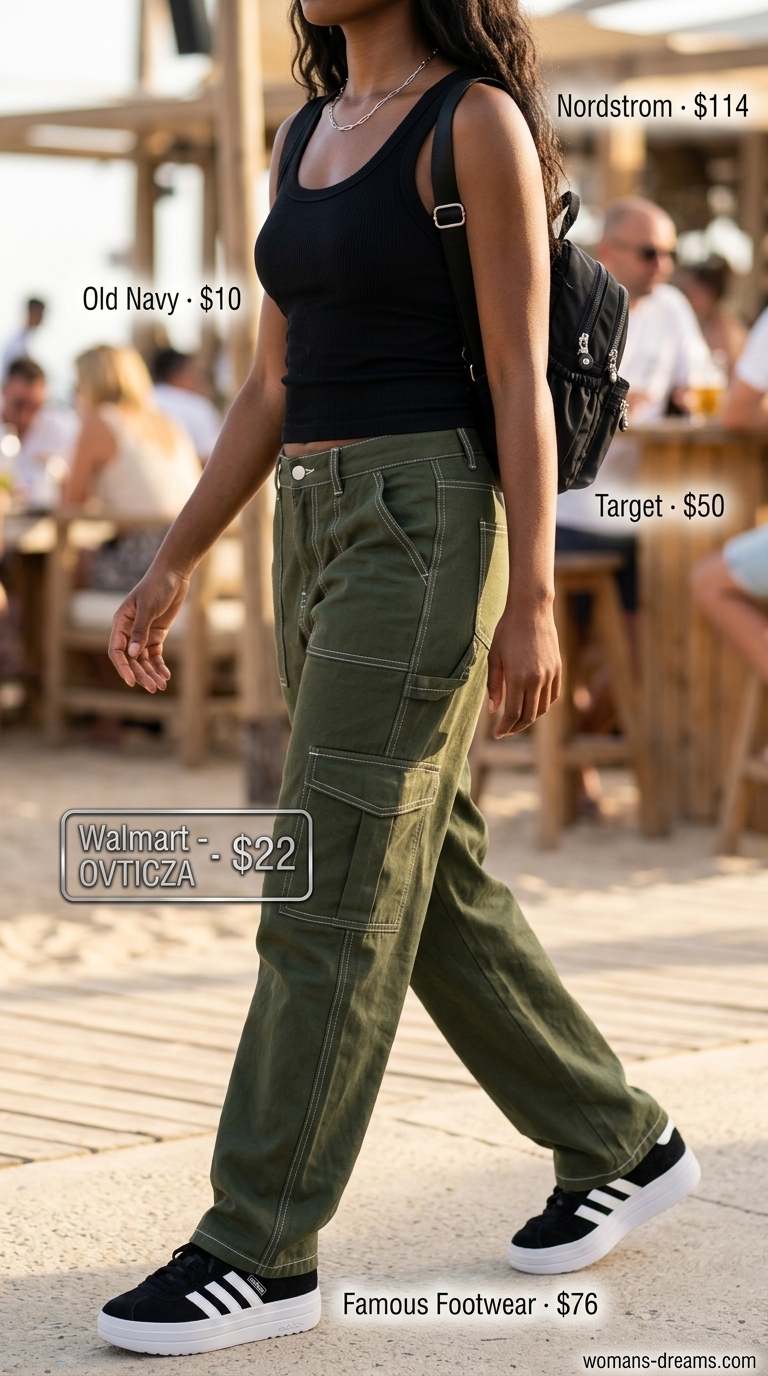 Trendy Miami summer outfits for women 2026: Khaki cargo pants, black tank, chunky sneakers for city exploration.