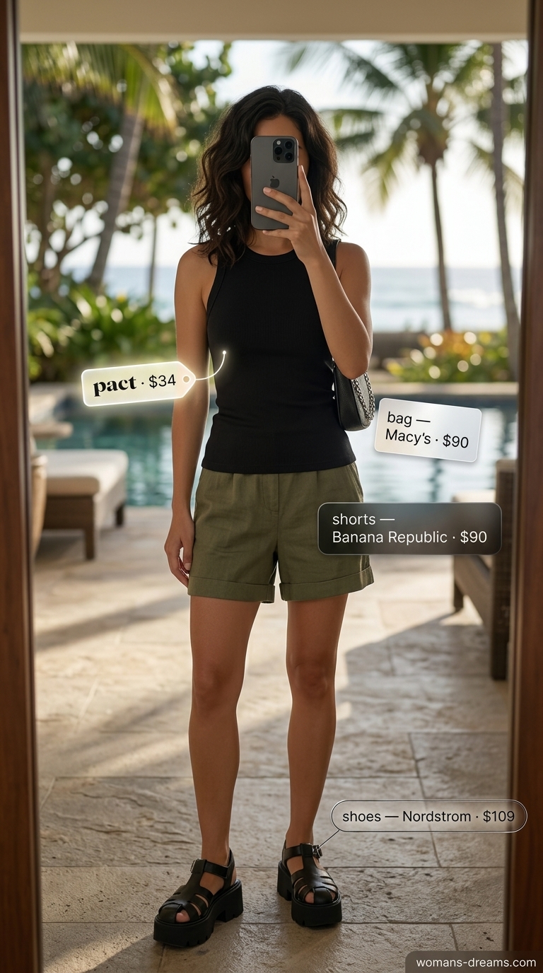 Trendy Miami summer outfits for women 2026: Olive green shorts, black tank, platform sandals for city exploration.