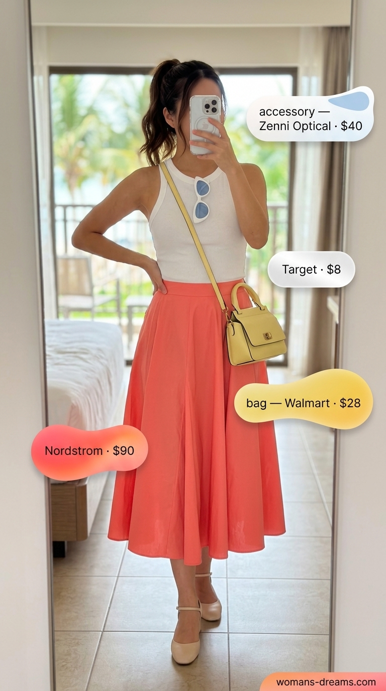 Coral skirt outfit for trendy Miami summer outfits for women 2026, great for daytime outings.