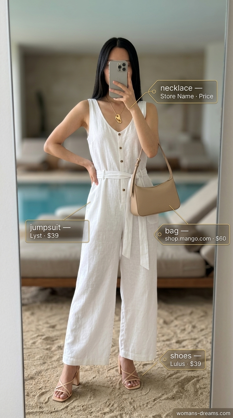 White linen jumpsuit for trendy Miami summer outfits for women 2026, perfect for brunch.