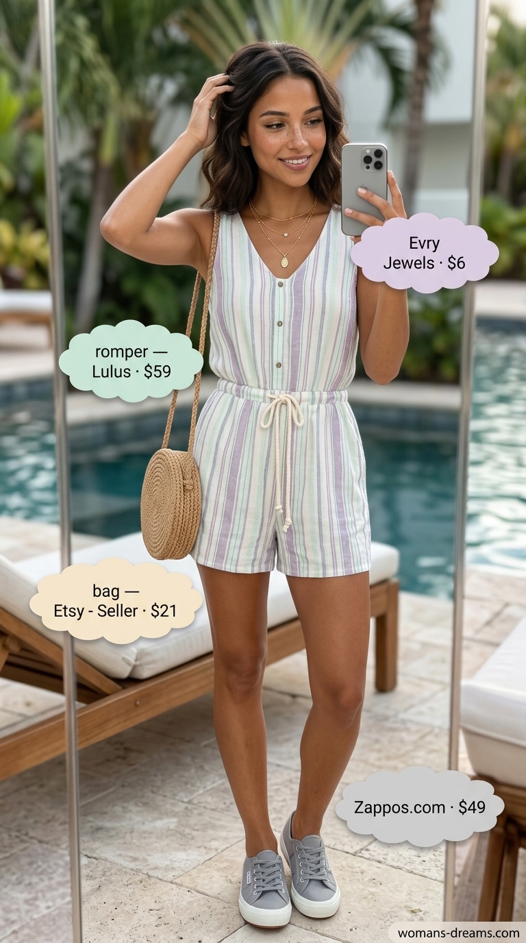 Trendy Miami summer outfits for women 2026: Lavender romper, white sneakers for beach clubs.