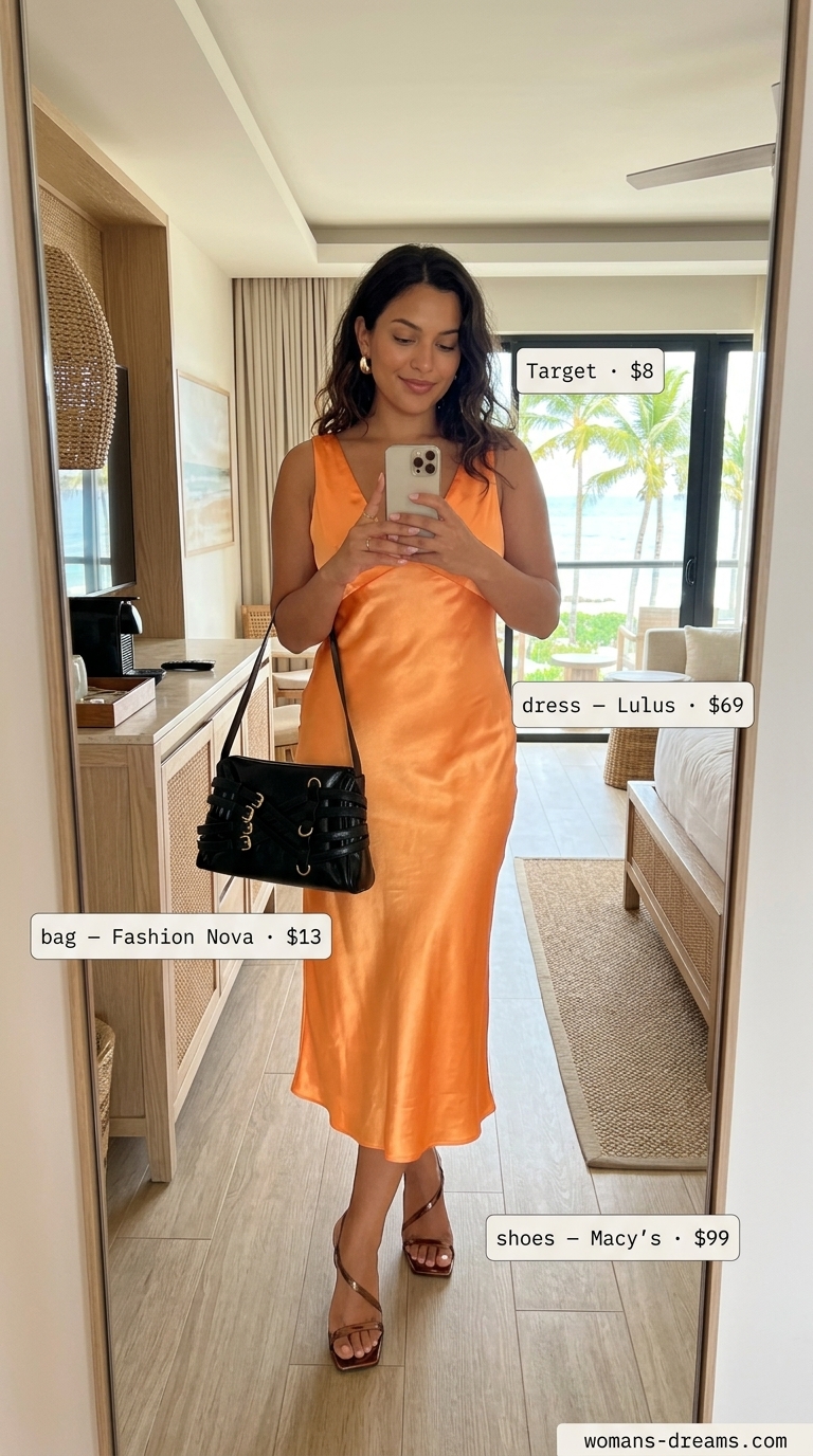 Sunset orange dress for trendy Miami summer outfits for women 2026, ideal for date nights.