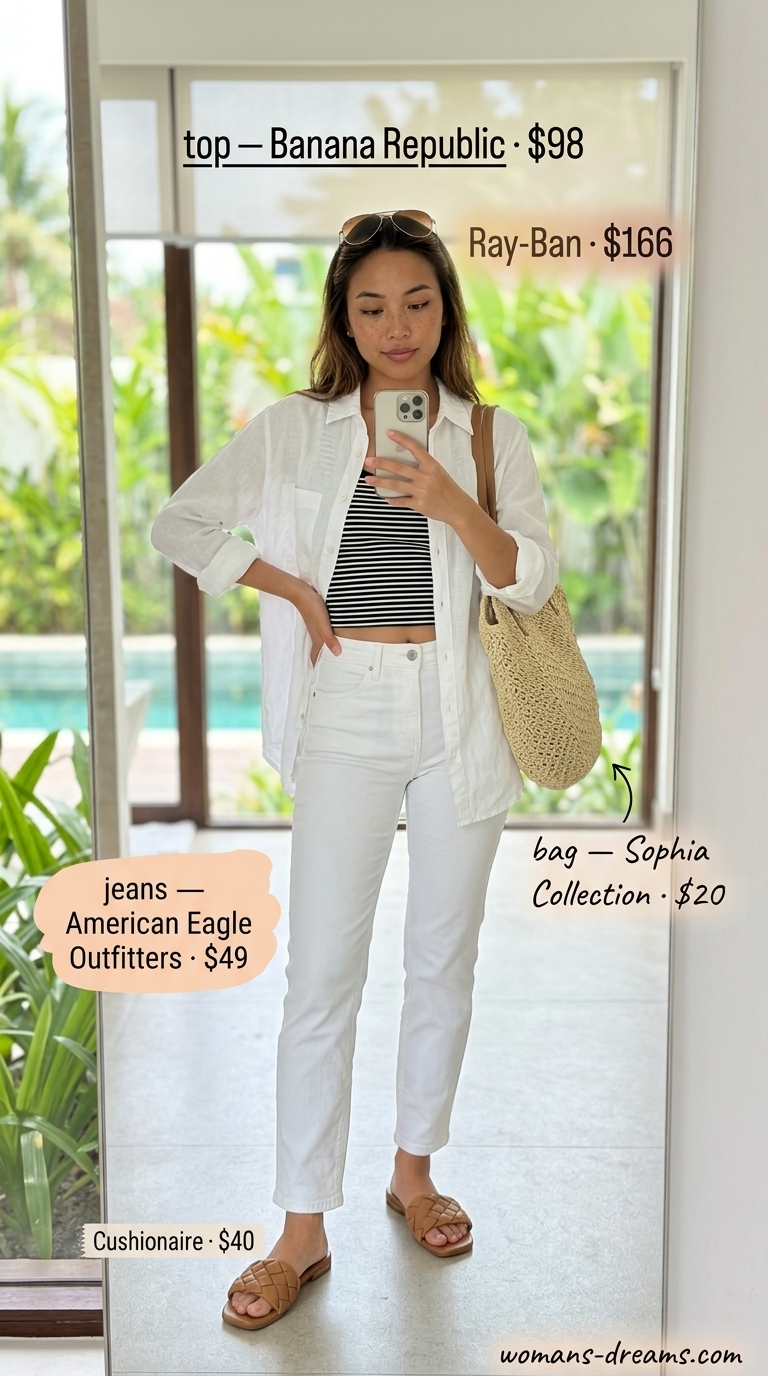 White jeans and linen shirt for trendy Miami summer outfits for women 2026, perfect for beach clubs.