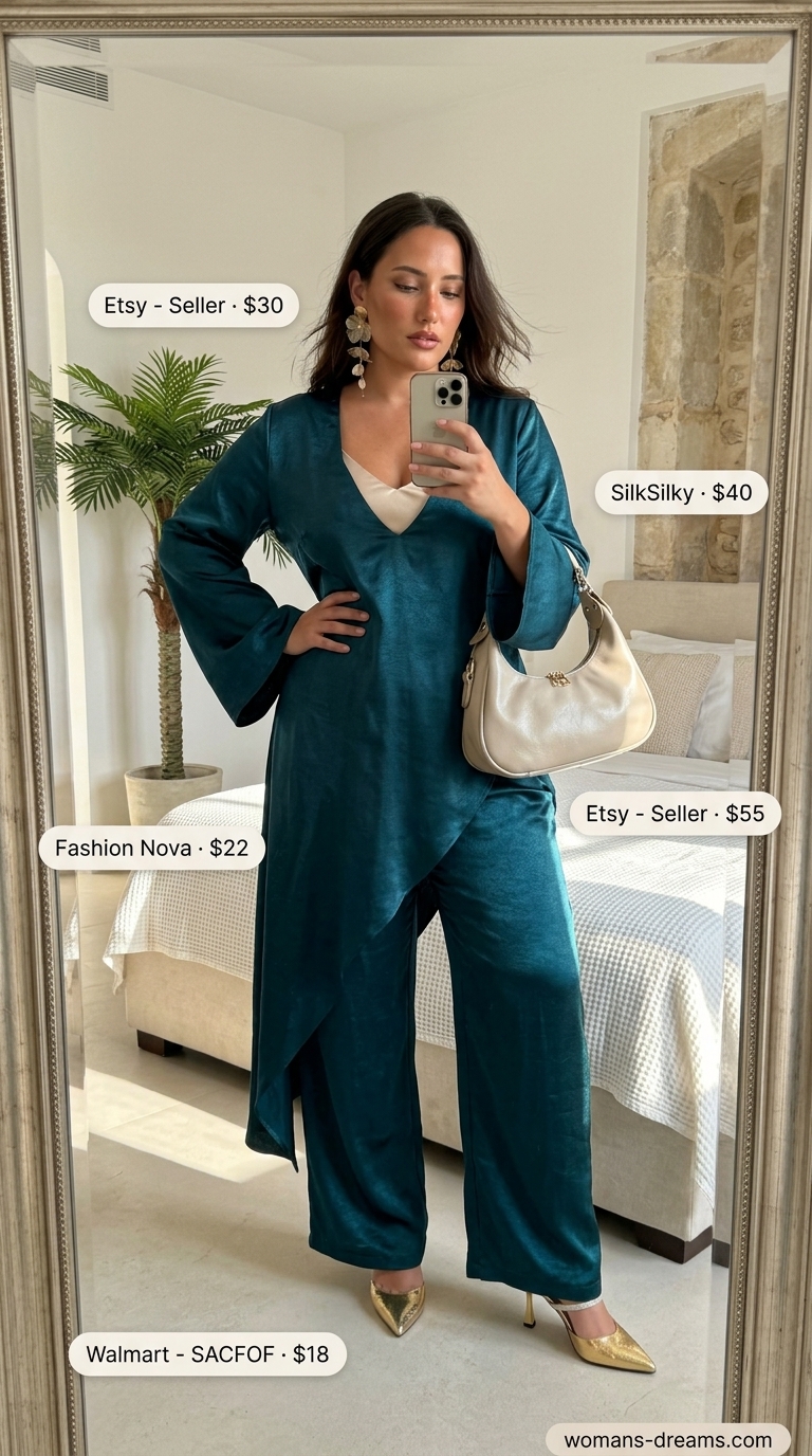 Trendy Miami summer outfits for women 2026: Teal satin co-ord set for upscale dinners.