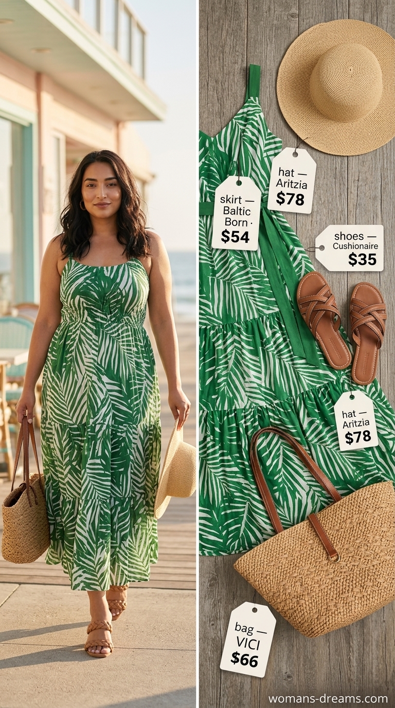 Trendy Miami summer outfits for women 2026: Tropical maxi dress, straw tote for resort days.