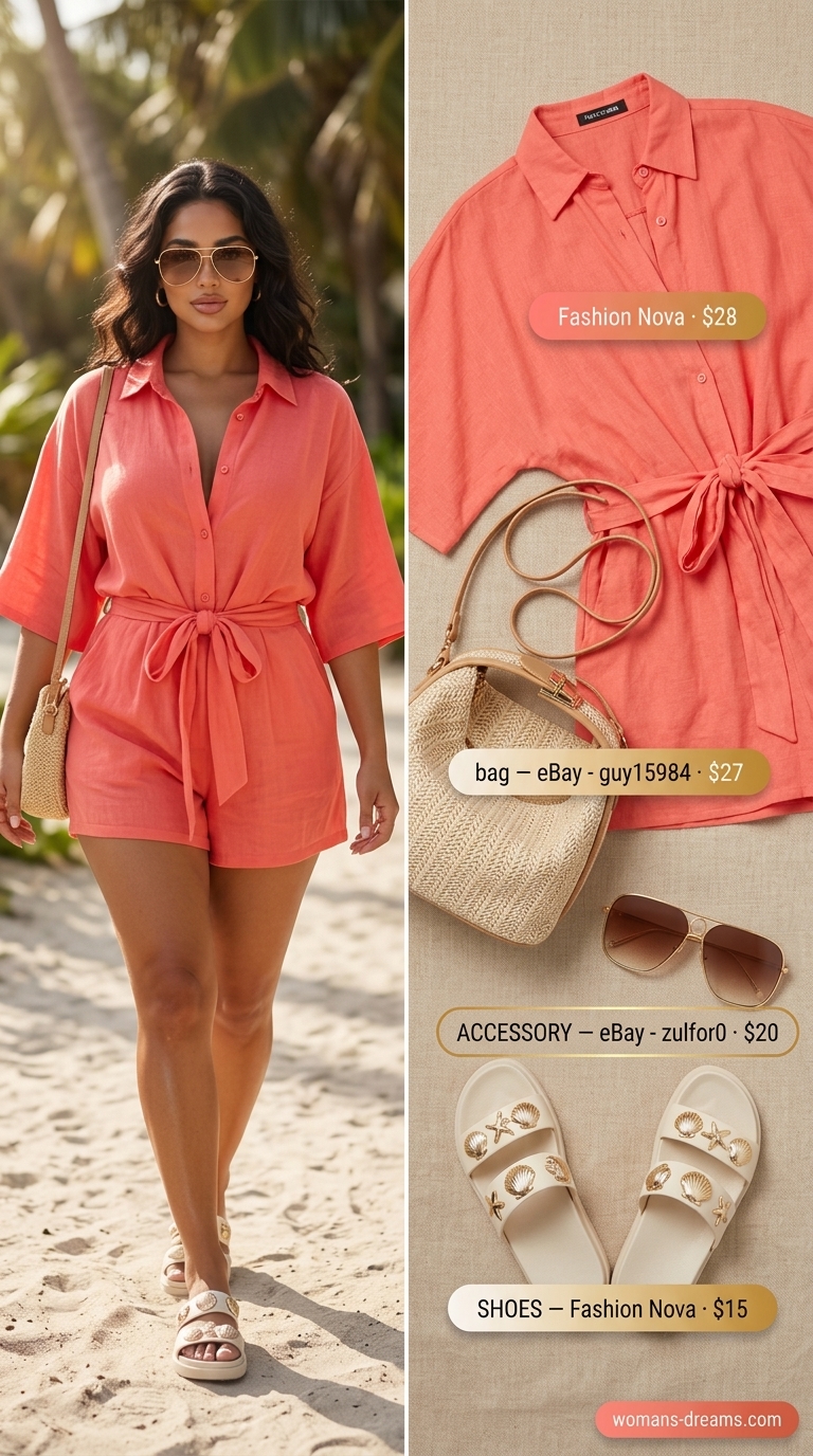 Trendy Miami summer outfits for women 2026: Coral romper, beige sandals for beach club brunch.