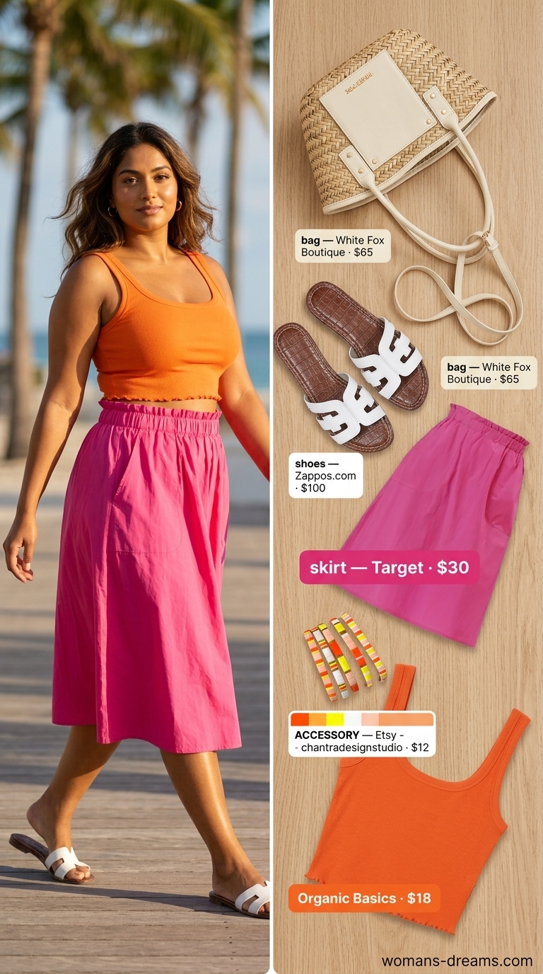 Trendy Miami summer outfits for women 2026: Hot pink skirt, tangerine tank, white sandals for sightseeing.
