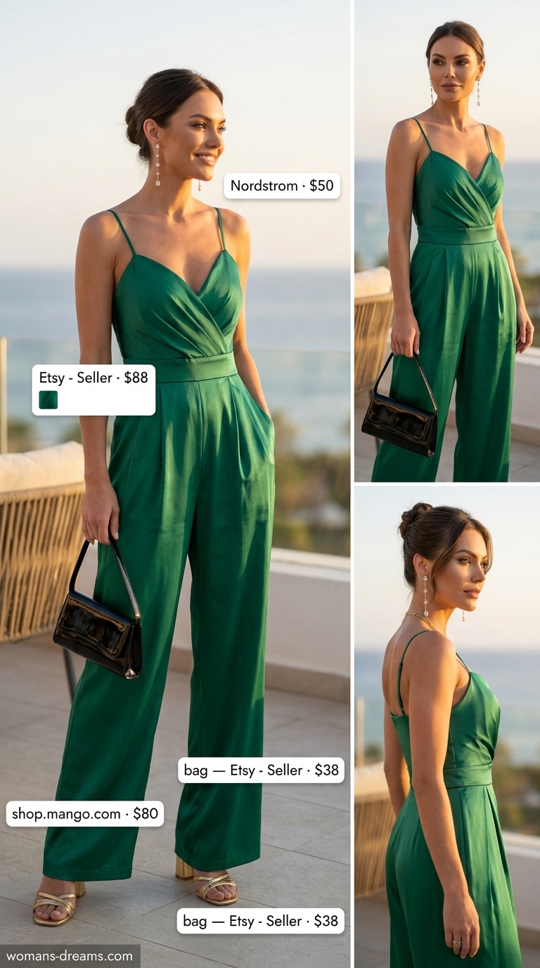 Trendy Miami summer outfits for women 2026: Emerald green jumpsuit, gold sandals for evening events.