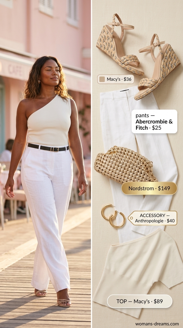 Trendy Miami summer outfits for women 2026: White linen pants, gold clutch for sunset cruise.