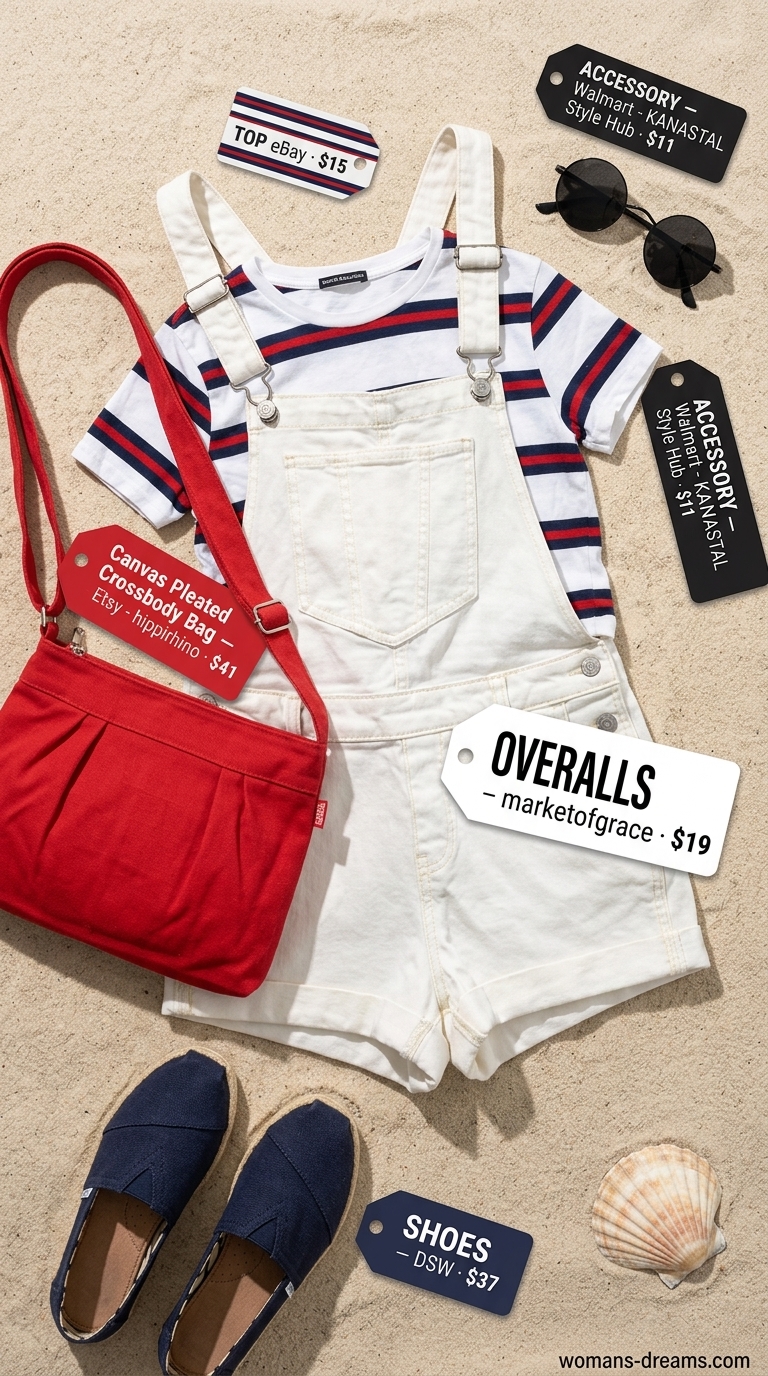 Trendy Miami summer outfits for women 2026: White denim overalls, striped crop top for beach days.