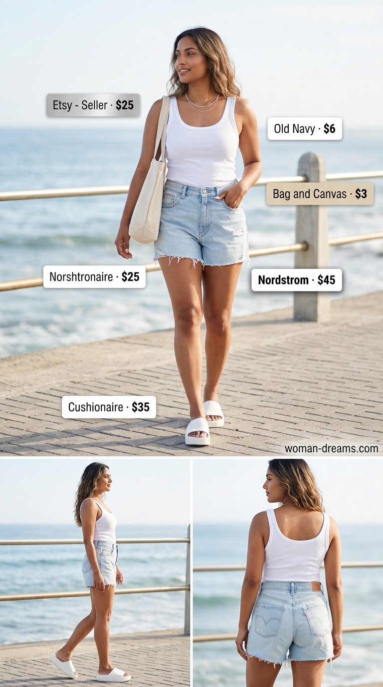 Denim shorts outfit for trendy Miami summer outfits for women 2026, ideal for boardwalk strolls.