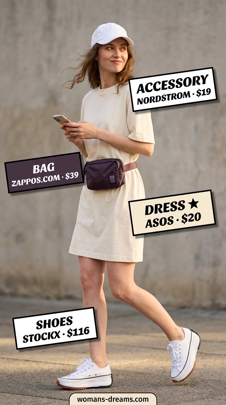 Oversized tee dress summer outfit for women 2026: Grey mini dress with neon green bag for sporty style.
