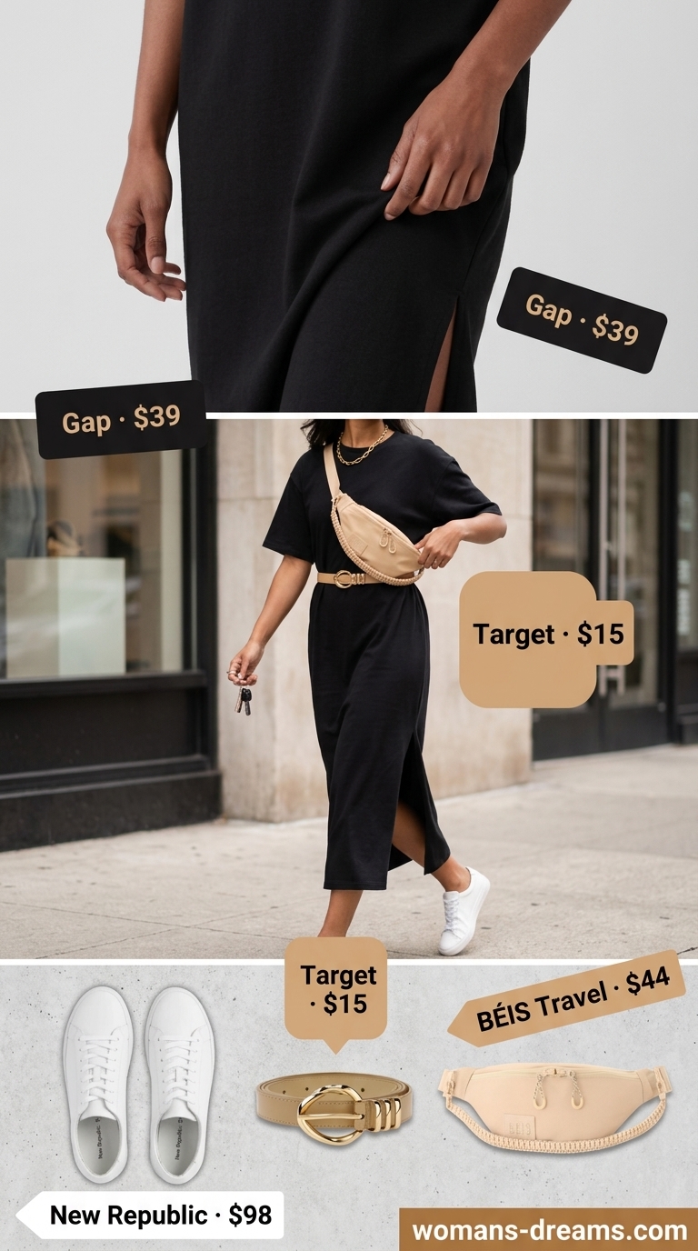 Black oversized tee dress summer outfit for women 2026 with belt & sneakers for city sightseeing.
