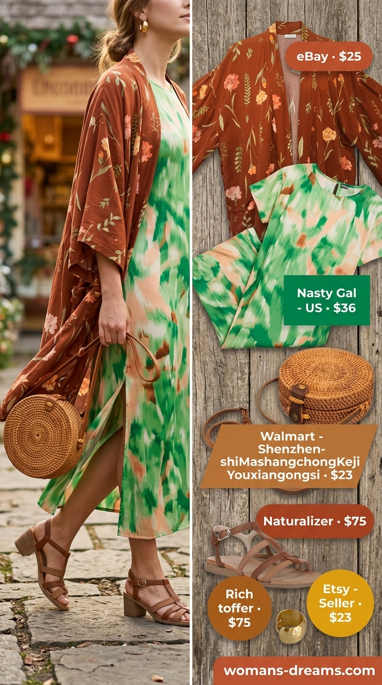 Olive green oversized tee dress summer outfit for women 2026 with kimono & sandals for garden party.