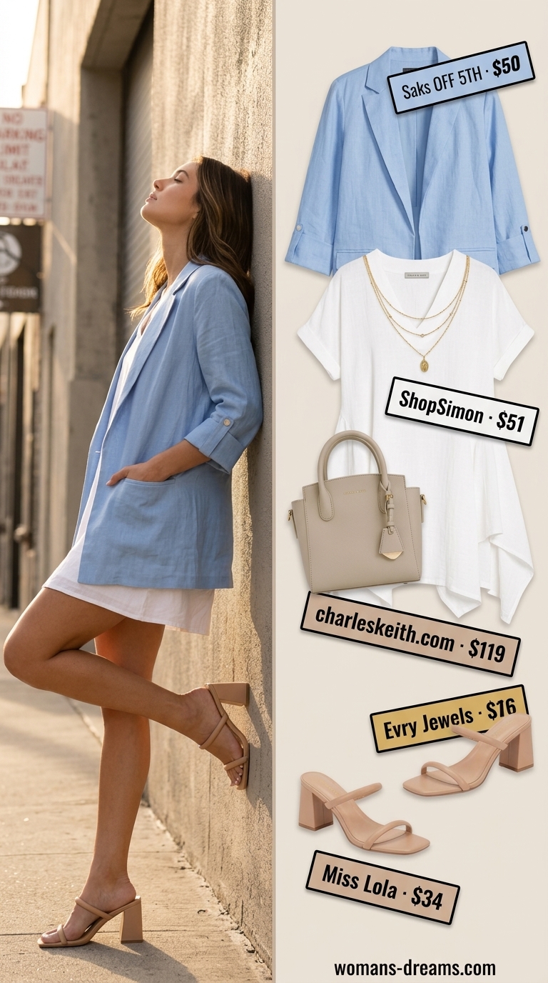 Oversized tee dress summer outfit for women 2026: White mini dress with blue blazer for chic brunch.