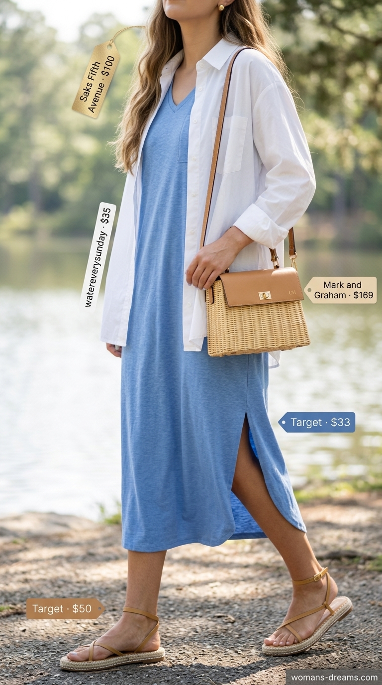 Sky blue oversized tee dress summer outfit for women 2026 with white shirt & espadrilles for lakeside getaway.