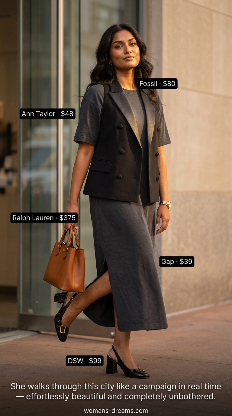 Beige oversized tee dress summer outfit for women 2026 with vest & pumps for office.