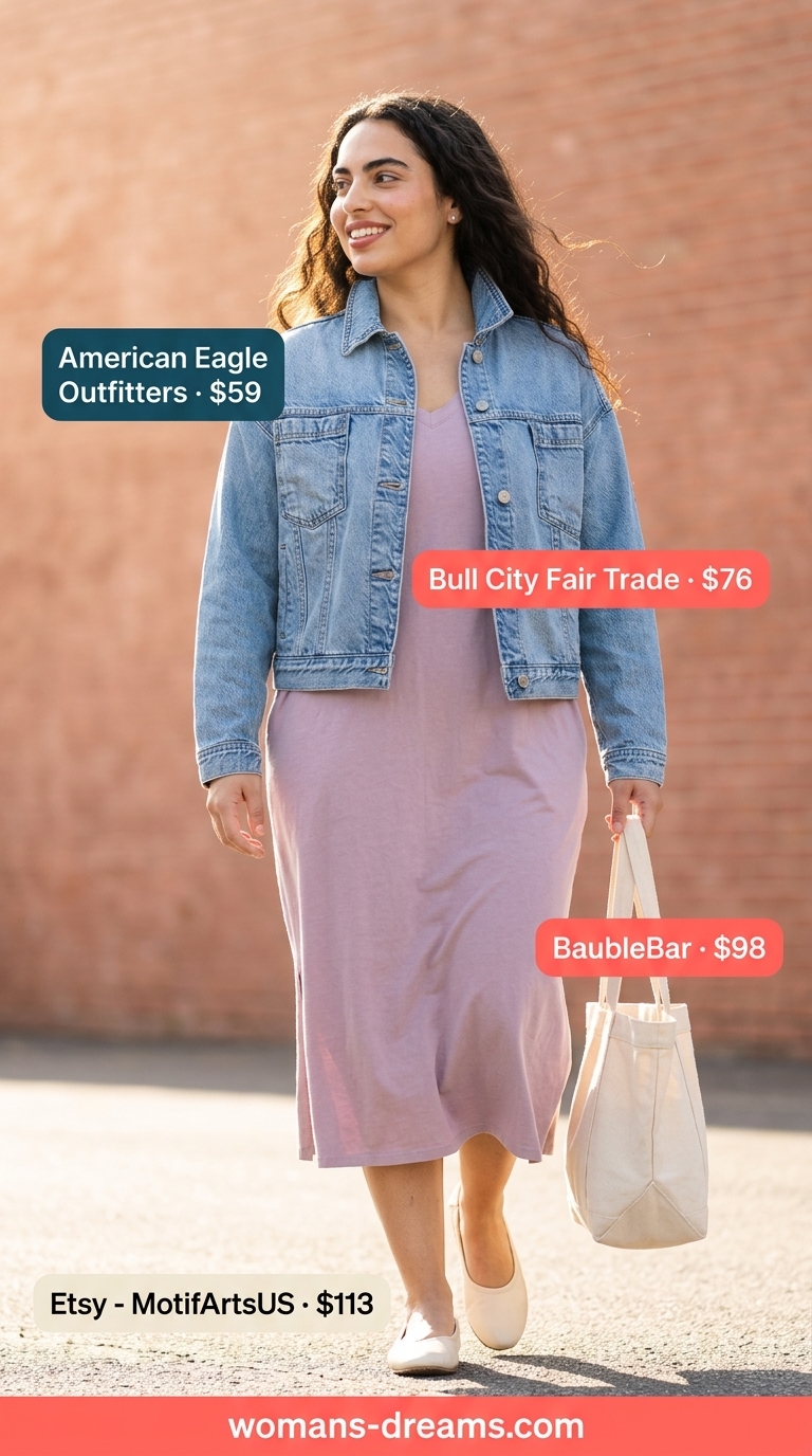 Oversized tee dress summer outfit for women 2026: Lavender midi dress with denim jacket for weekend.