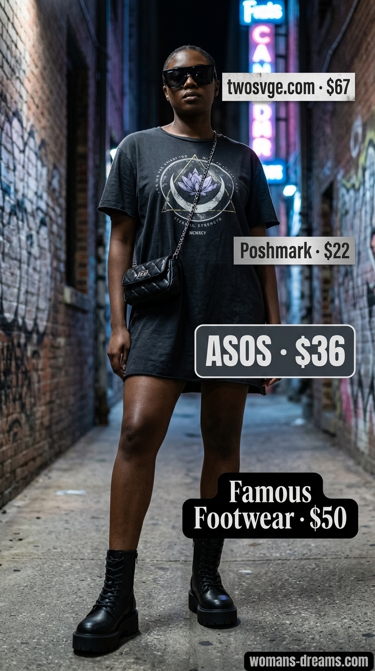 Oversized tee dress summer outfit for women 2026: Black graphic mini dress with combat boots for edgy nights.