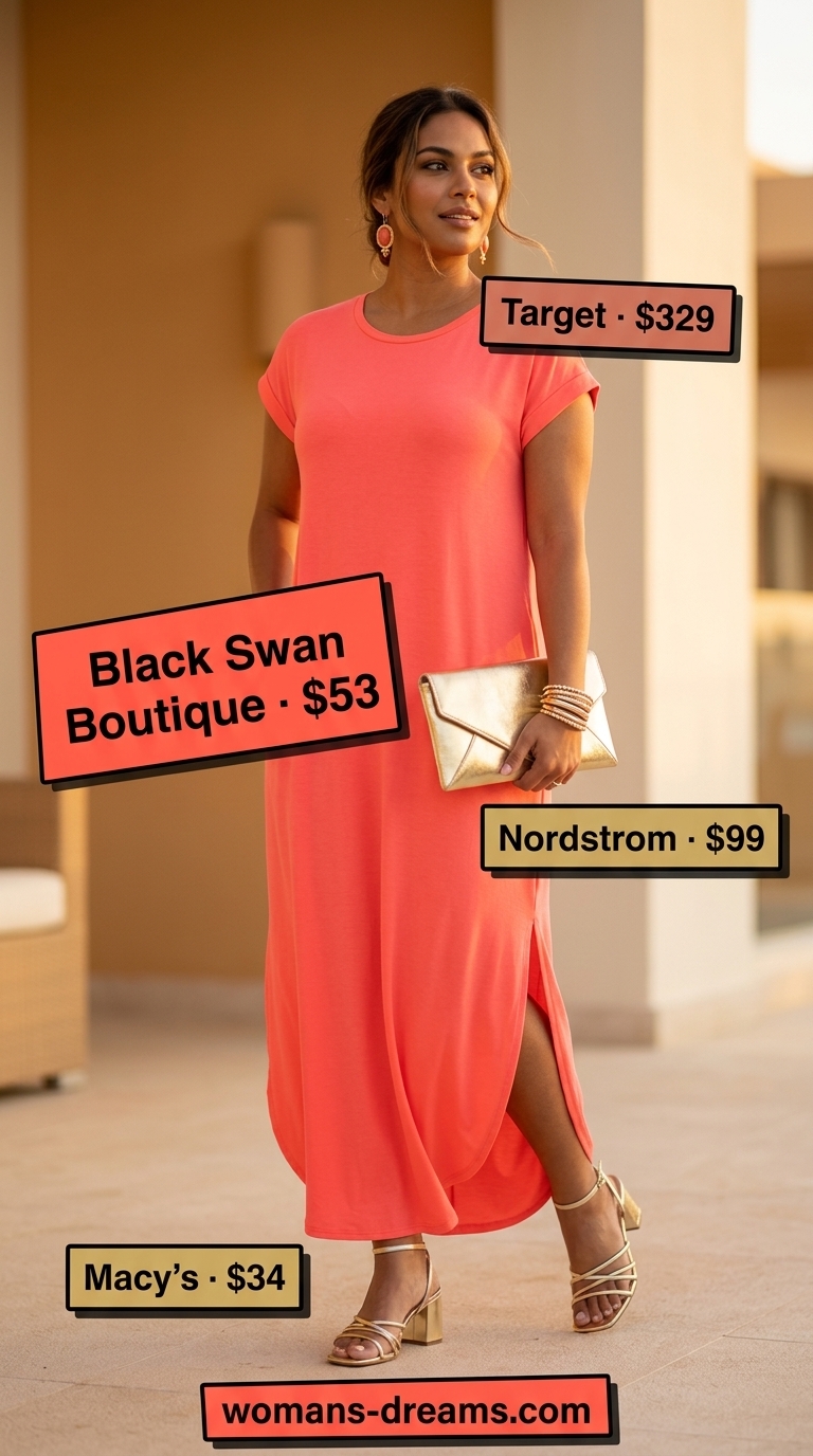 Oversized tee dress summer outfit for women 2026: Coral sleeveless maxi dress with metallic gold clutch.