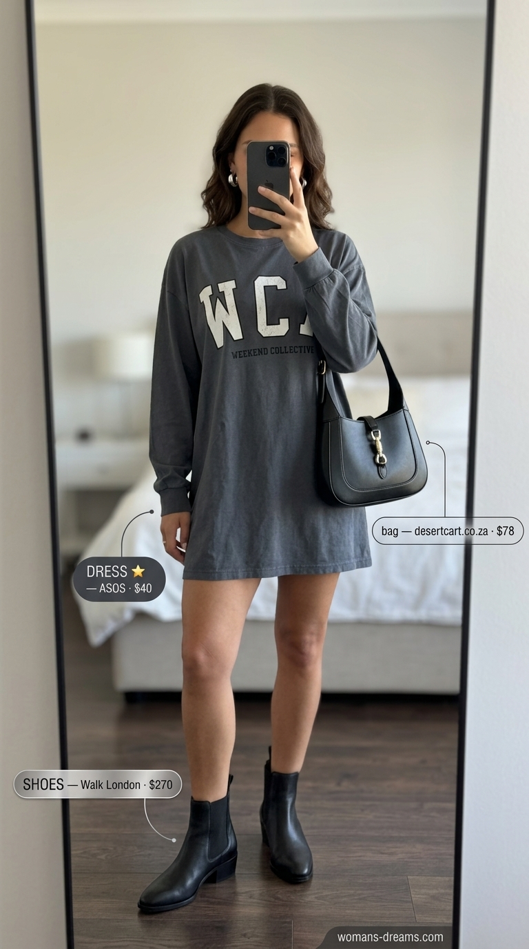 Oversized tee dress summer outfit for women 2026: Charcoal long-sleeve dress with leather boots for gallery.