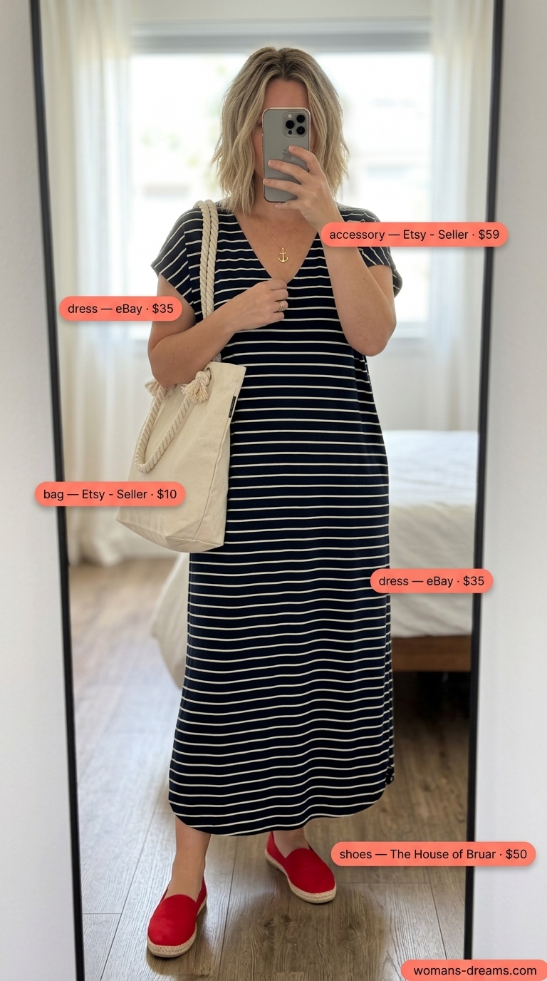 Navy and white striped oversized tee dress summer outfit for women 2026 with flat sandals and canvas tote for beach vacation.