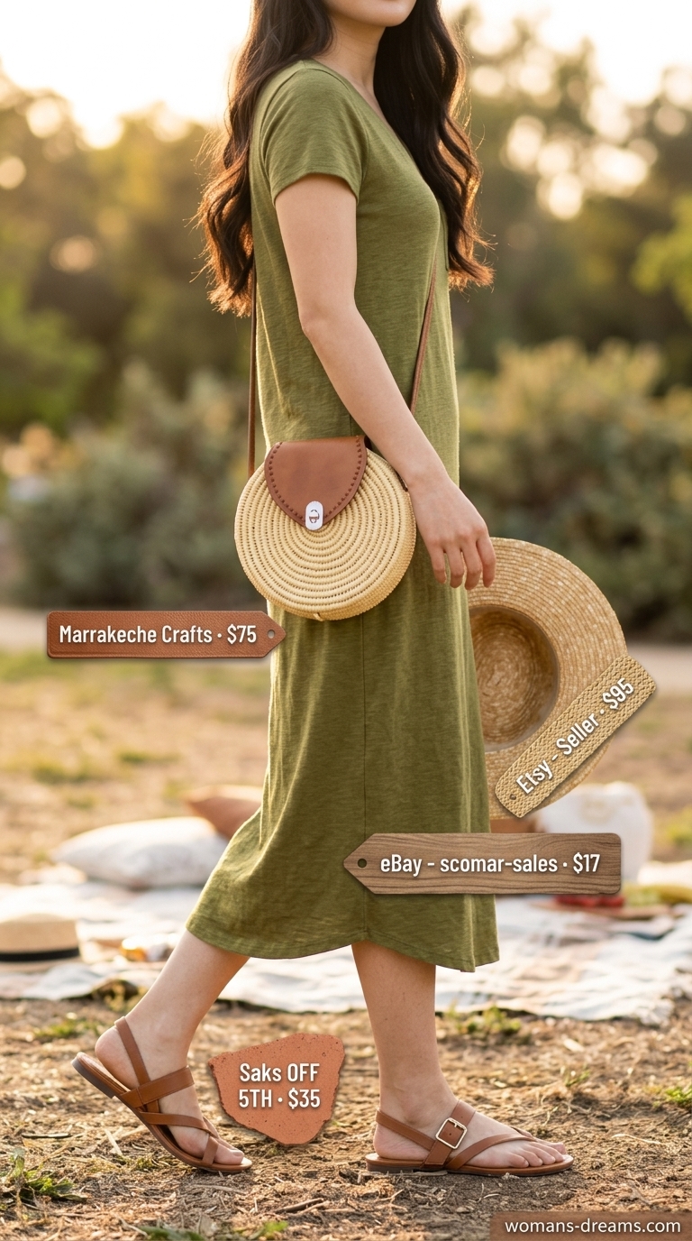 Oversized tee dress summer outfit for women 2026: Olive green midi dress with straw bag for picnic.