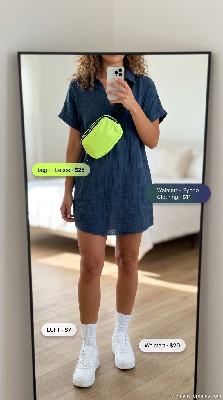 Cobalt blue oversized tee dress summer outfit for women 2026 with chunky sneakers and neon belt bag for athleisure.