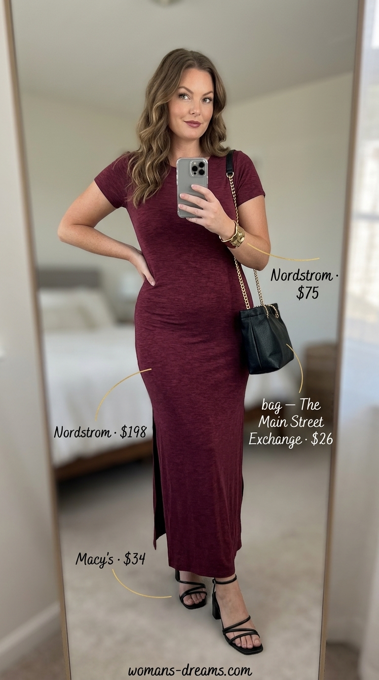 Oversized tee dress summer outfit for women 2026: Burgundy maxi dress with gold accents for evening.