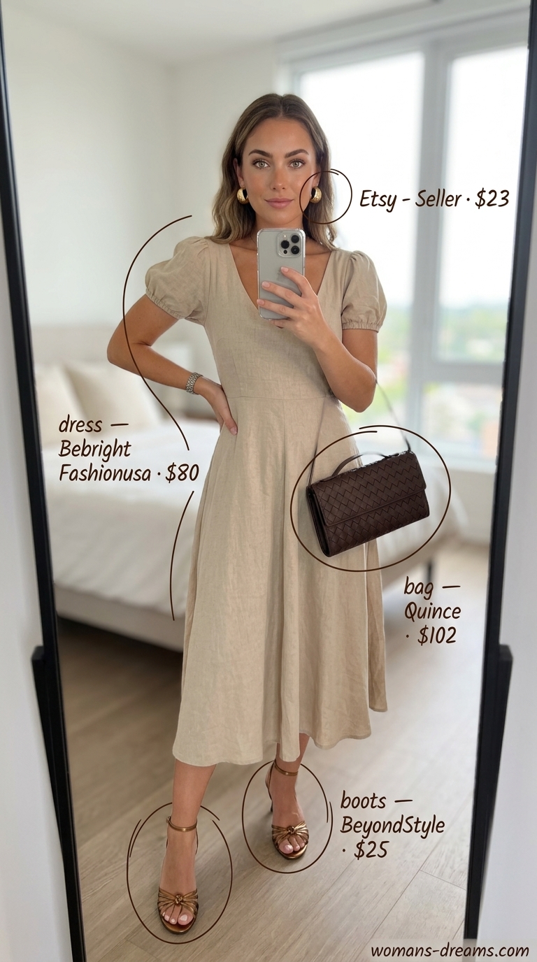 Sandy beige oversized tee dress summer outfit for women 2026 with metallic sandals, leather belt, and clutch for resort dinner.