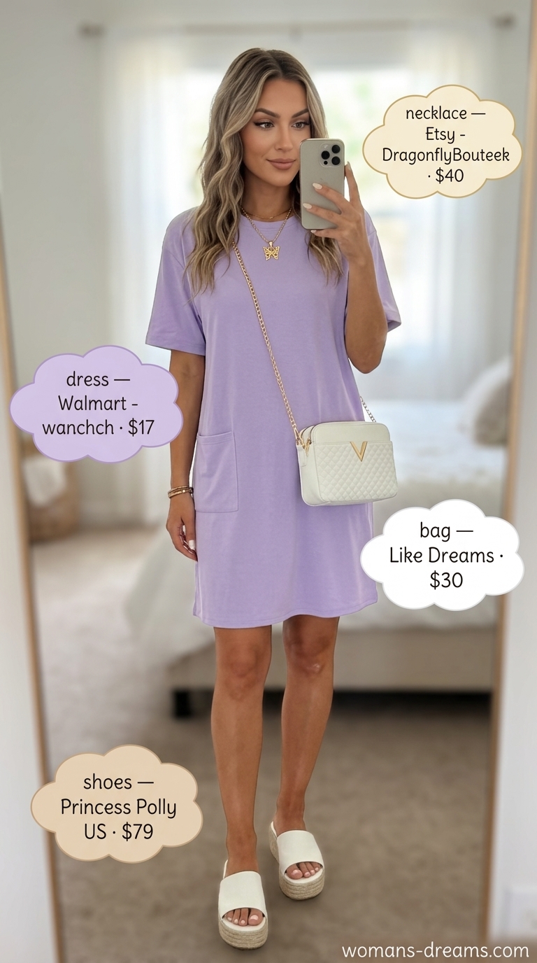 Lavender oversized tee dress summer outfit for women 2026 with platform sandals and shoulder bag for pastel day.