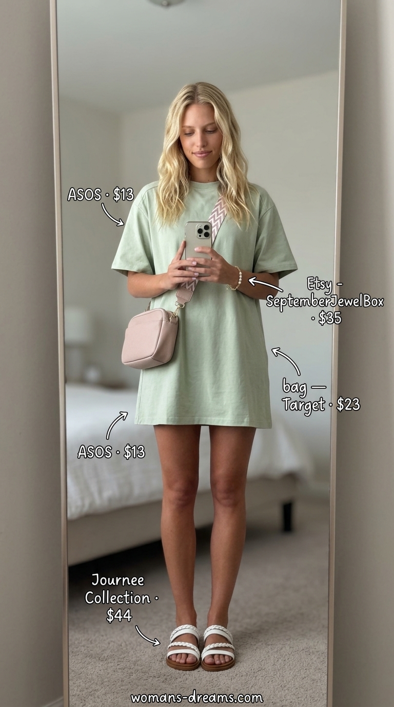 Sage green oversized tee dress summer outfit for women 2026 with flat sandals, crossbody bag, and pearl bracelet for garden brunch.