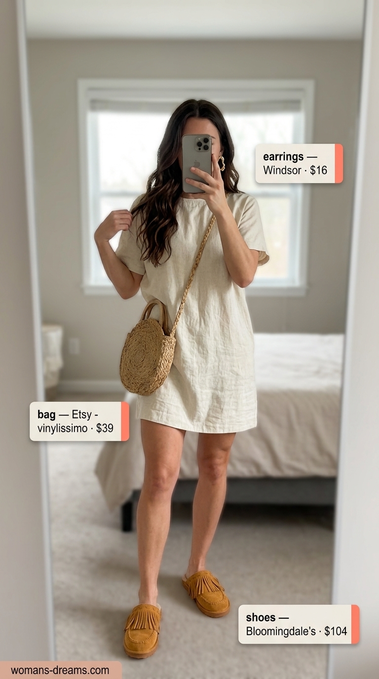 Oversized tee dress summer outfit for women 2026: Cream graphic dress with terracotta mules for gallery.