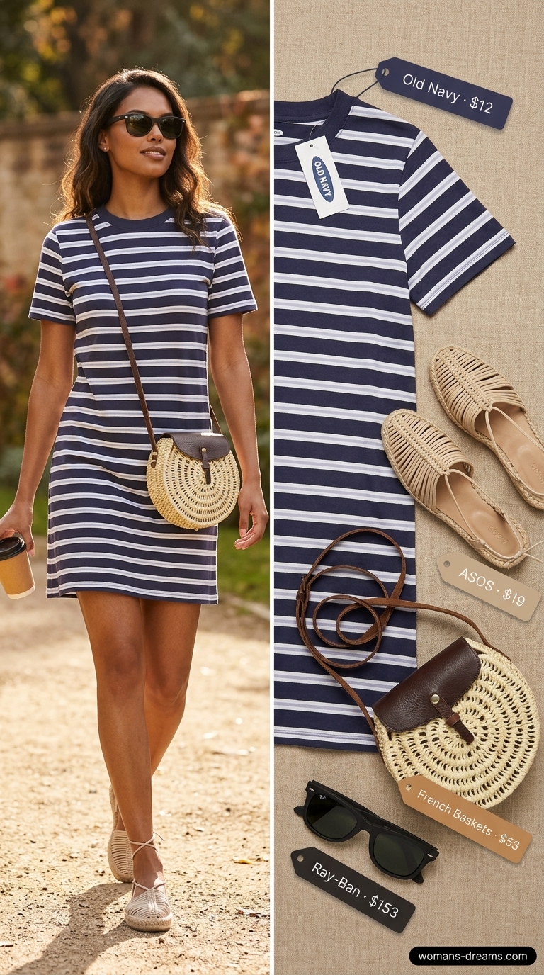 Navy and white striped oversized tee dress summer outfit for women 2026 with espadrilles and straw crossbody for Riviera.